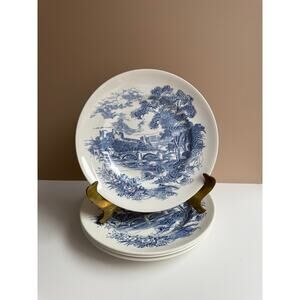 Vintage Wedgwood Dinner Plates Set of 4 Blue Transferware "Countryside" Pattern